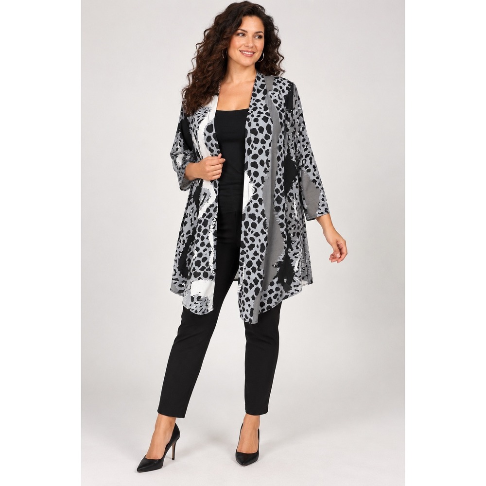 Bob Mackie Wearable Art Gray Leopard Print Open Front Cardigan Kimono Jacket L - Picture 1 of 7